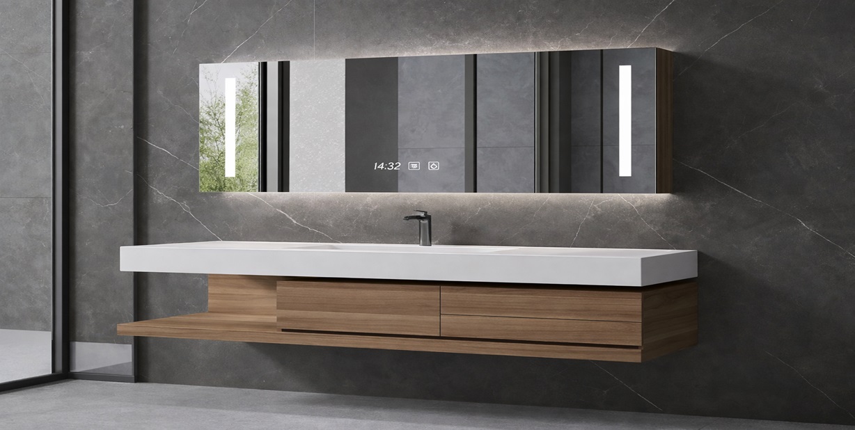 All in one bathroom sink set with wall mounted cabinet, integrated basin, and LED smart mirror